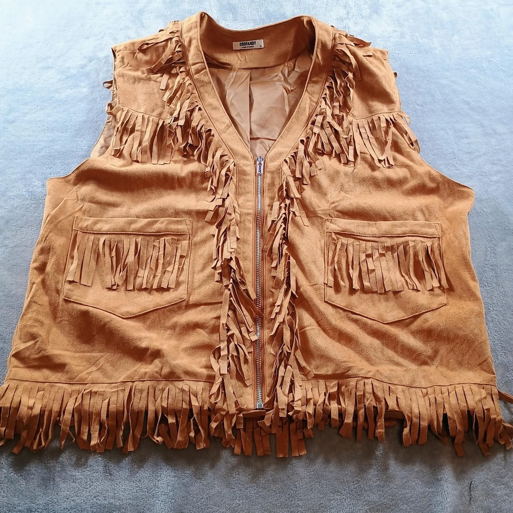 Coofandy Vest Mens XL Brown Faux Suede Fringe Western Zip Front Lined Festival